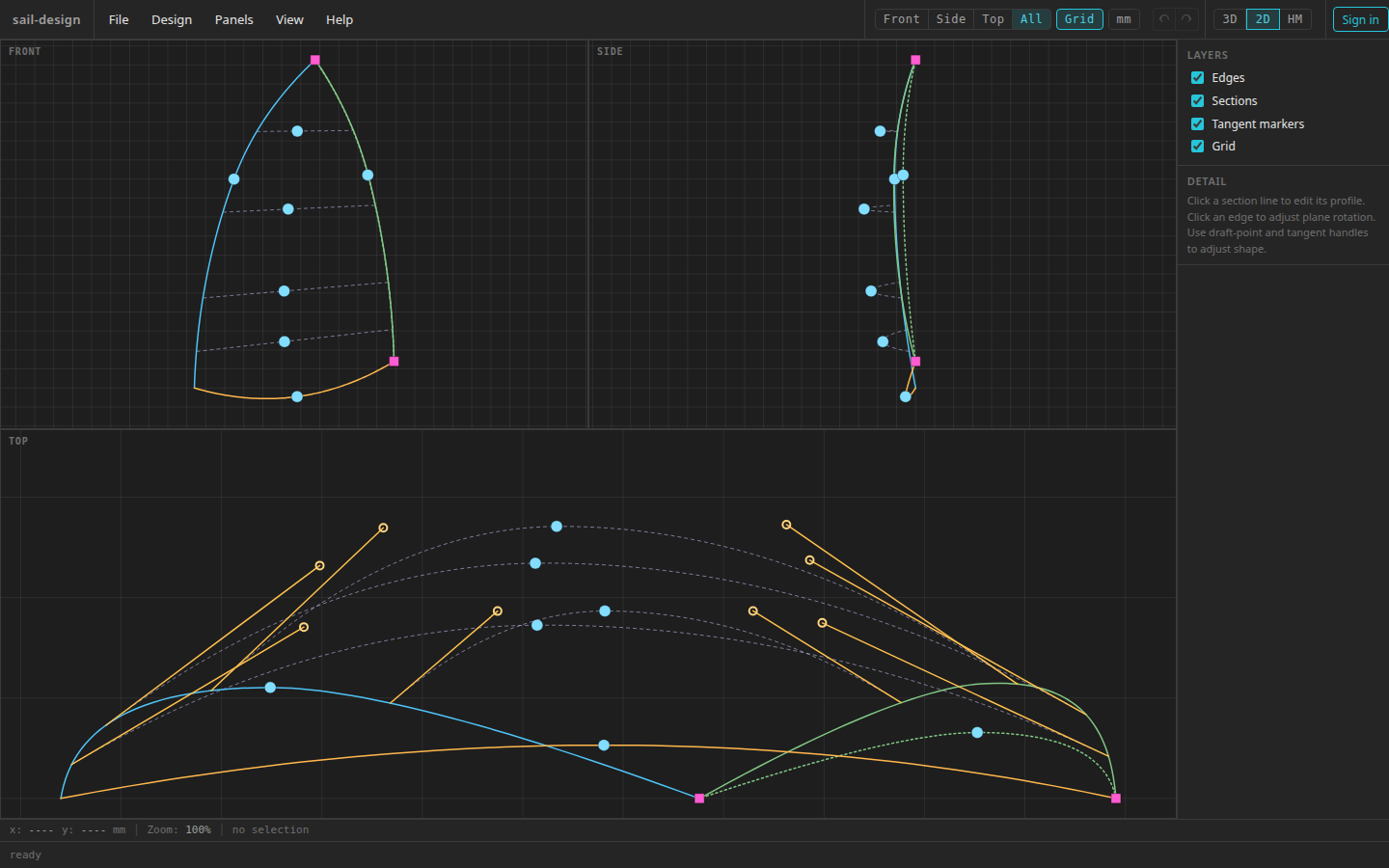 The Albin Vega 27 gennaker example in the 2-D All view: Front and Side viewports above a full-width Top viewport, with cyan draft points, magenta corner handles, amber tangent handles in Top, and the Layers pane at right.