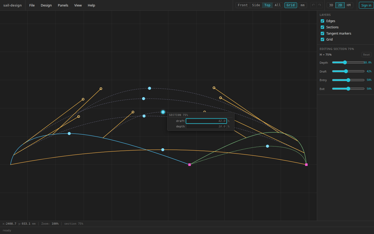 The Top view of the Albin Vega 27 gennaker example with a cyan section draft point focused and a two-field popover showing draft and depth percentages beside it.