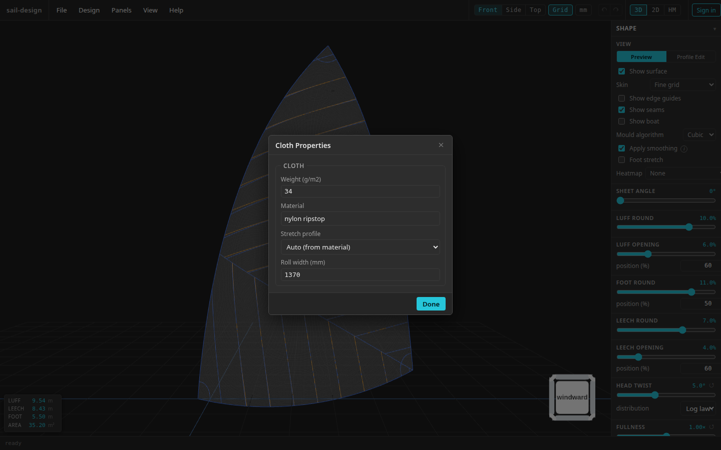 The Cloth Properties dialog over the Albin Vega 27 gennaker example, showing weight, material, stretch profile, and roll width fields.