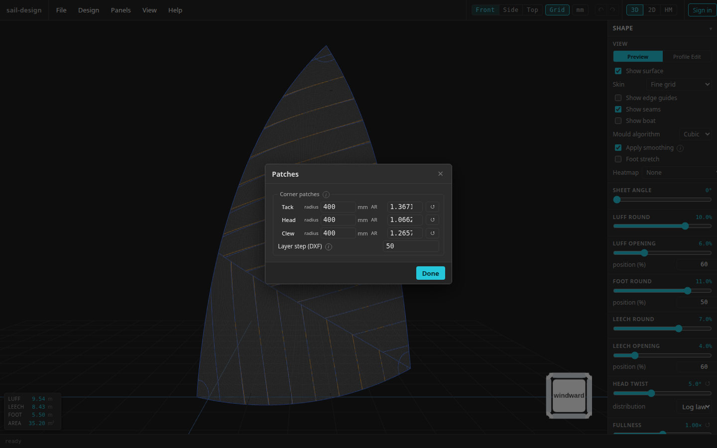 The Patches dialog over the Albin Vega 27 gennaker example, with radius and aspect ratio fields for tack, head, and clew plus the DXF layer step.