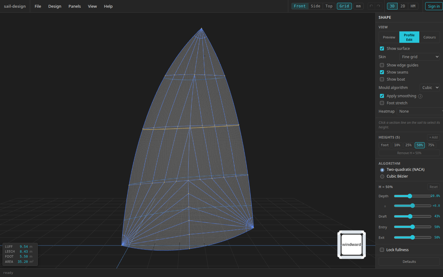 The current 3-D Profile Edit view with the 50 percent section highlighted on the sail and its Depth, fine adjustment, Draft, Entry, and Exit sliders visible in the Shape card.