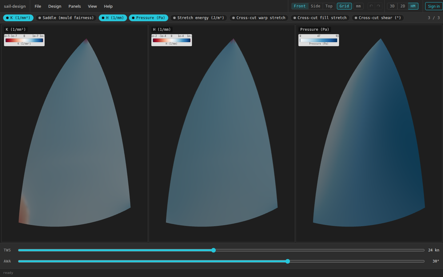 The Albin Vega 27 gennaker example in the Heatmaps workspace, with K, H, and Pressure selected in the picker, three front-facing sail tiles and their legends, and TWS 24 kn and AWA 30 degree controls below.
