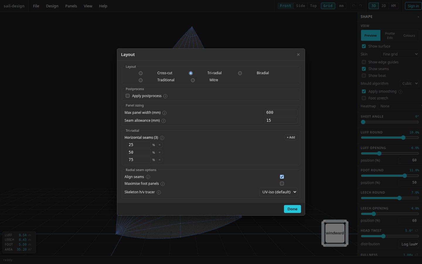 The Layout dialog over the Albin Vega 27 gennaker example, with Tri-radial selected and panel sizing, seam heights, and radial options visible.