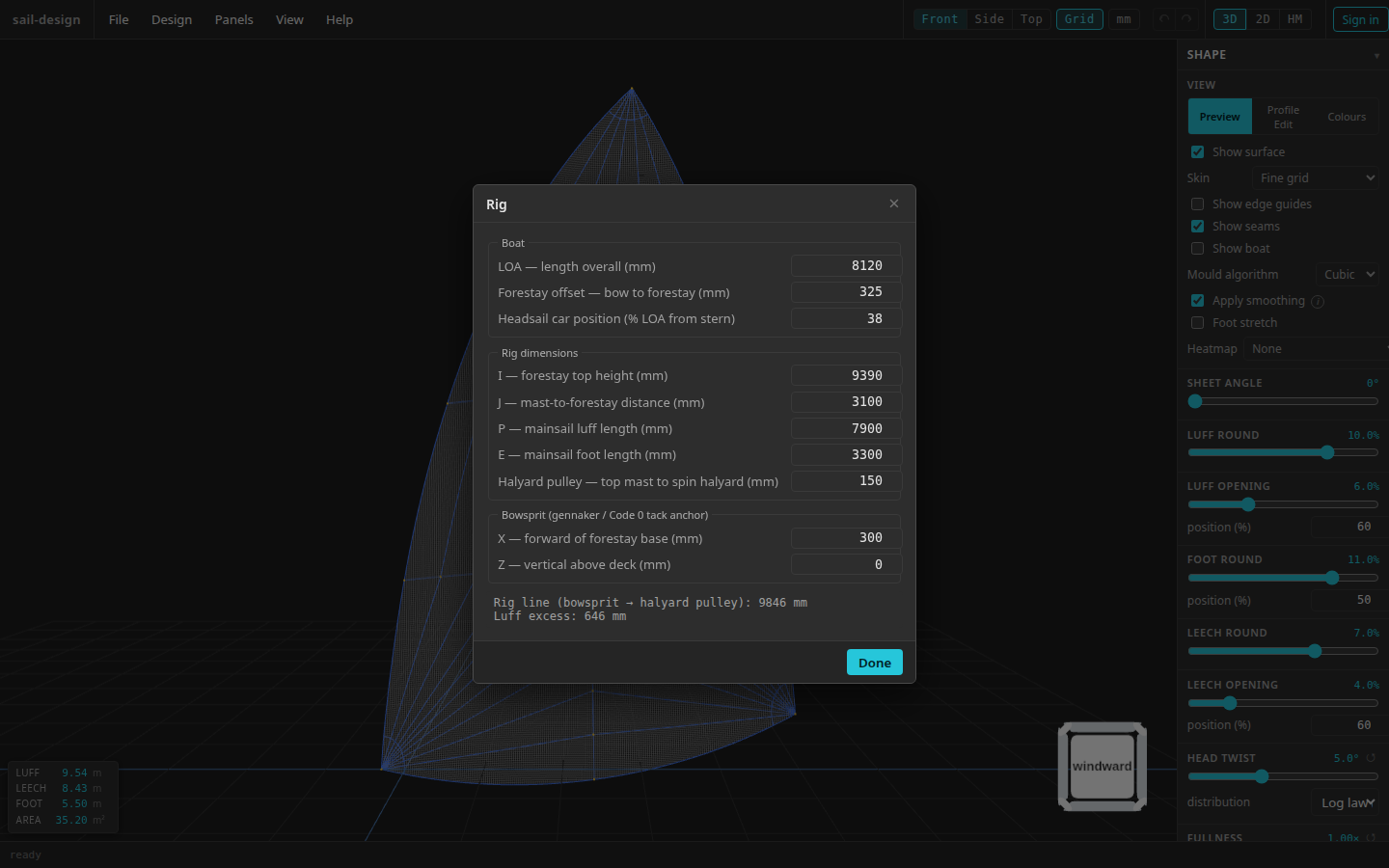 The Rig dialog over the current 3-D sail preview, with Boat, Rig dimensions, Bowsprit, and the Rig line and Luff excess summary visible.