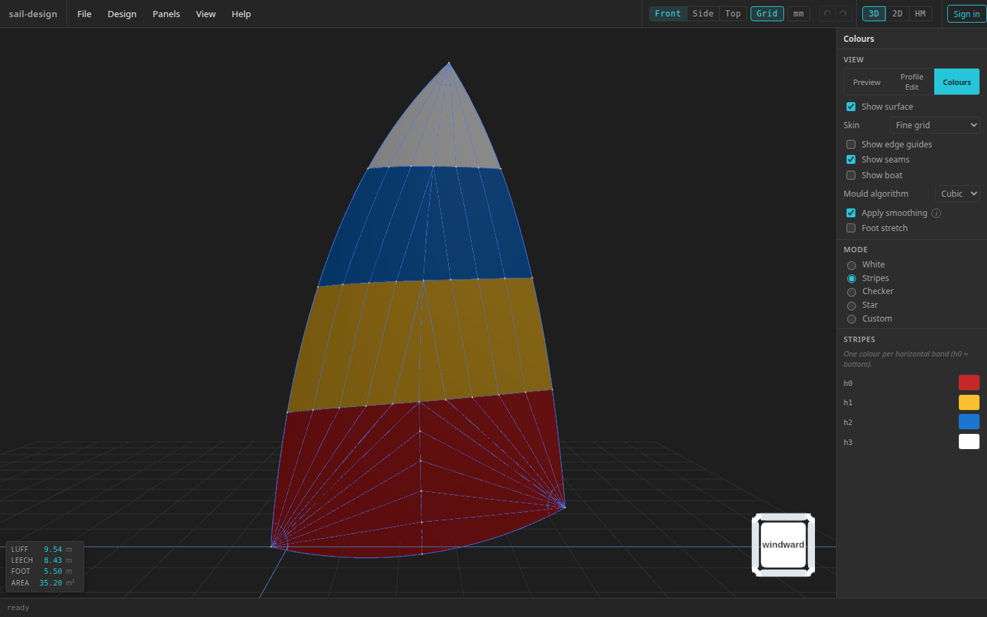 The Sail Design 3-D preview in Tri-radial Colours mode, with red, yellow, blue, and white horizontal panel bands and the Stripes controls visible in the right-hand card.