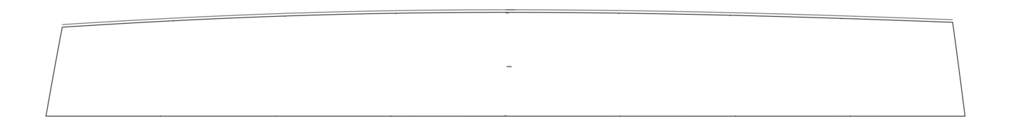 A CAD render of one isolated Cross-cut panel layer, with the solid curved cut boundary, a second allowance line along the upper edge, small match marks, and a central warp mark.