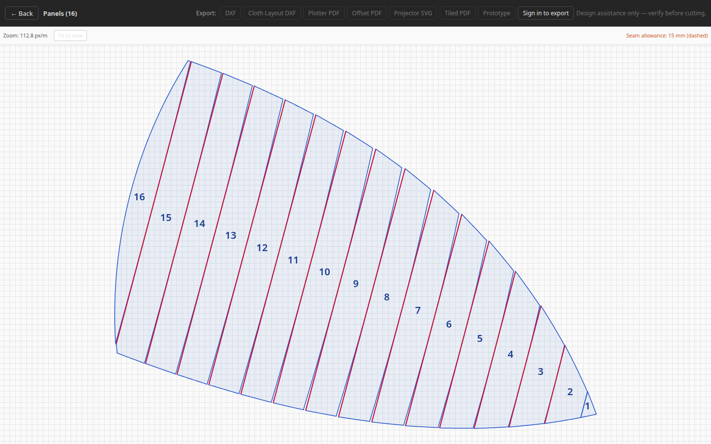 Full-screen panel viewer showing 16 flattened Cross-cut panels on a 100 millimetre grid, with Back and export controls above, zoom and Fit to view controls below them, blue panel outlines, red declared-straight seam edges, and blue display numbers.
