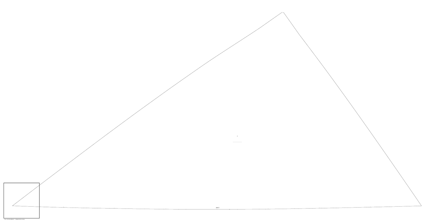 A rendered wide-format PDF page showing one long curved panel outline, an allowance line, small match marks, a warp mark and panel label, plus a 100 by 100 millimetre calibration square.