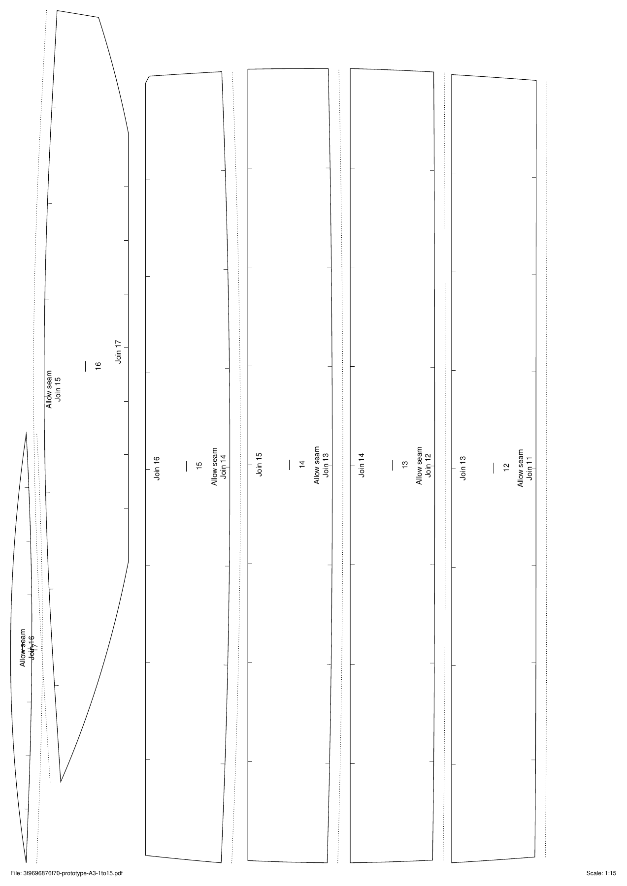 An A3 prototype PDF page with several narrow panels packed together, all running along the page length, with panel boundaries, dotted allowance bands, match marks, warp marks, labels, and a filename and scale footer.