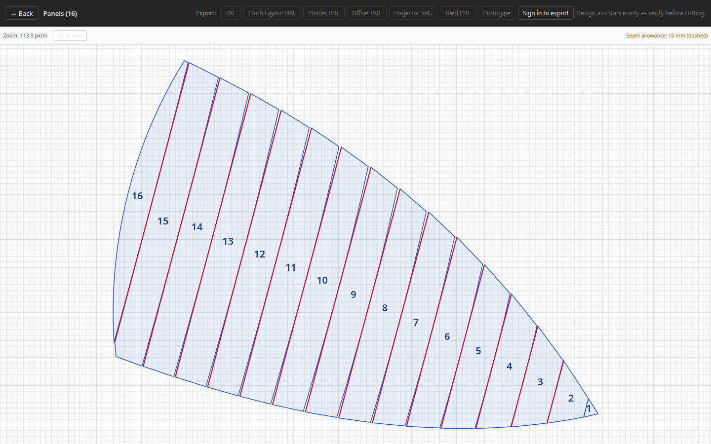 The panel viewer for the walkthrough's cross-cut Albin Vega 27 gennaker, showing 16 numbered flattened strips, the export toolbar, a Sign in to export button, and a dashed 15 mm seam-allowance note.