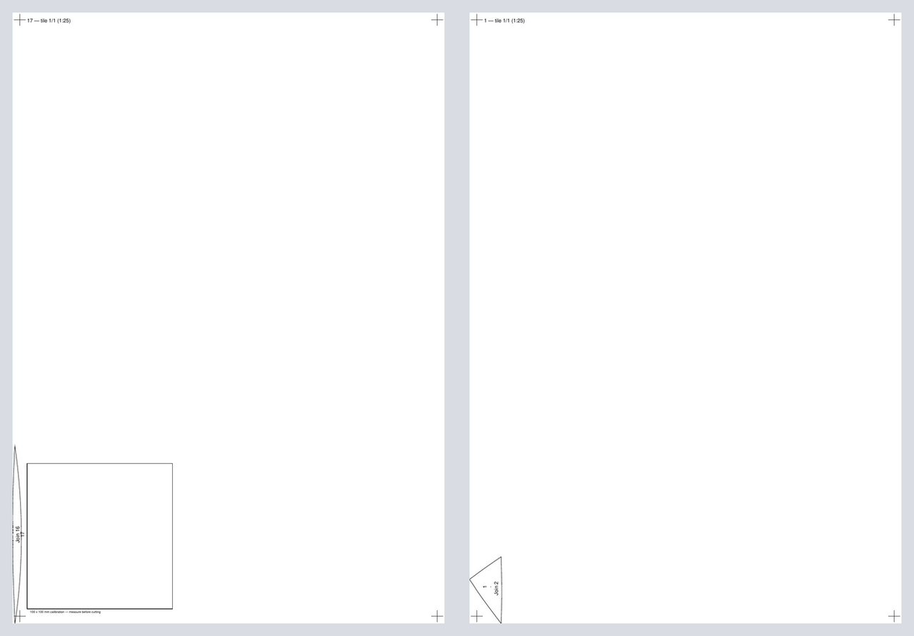 A montage of scaled A3 PDF pages, each showing one curved panel with cut boundary, match marks, warp mark, panel and tile label, and registration crosses at the page edges.